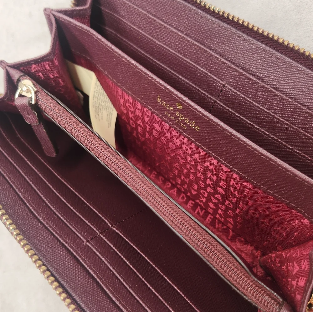 Kate Spade Zip Around Wallet Plum Purple Saffiano Leather Neda Laurel Way Logo